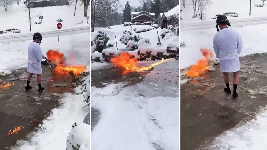 Un vecino de Kentucky quita la nieve de casa en zapatillas y bata… ¡con un lanzallamas!