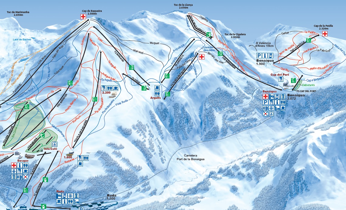 Detalle del mapa de pistas de Baqueira-Bonaigua 2014/15 con los nuevos remontes y pistas