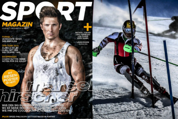 Hirscher en portada de la revista Sport y en plena faena en Copa del Mundo de Slalom