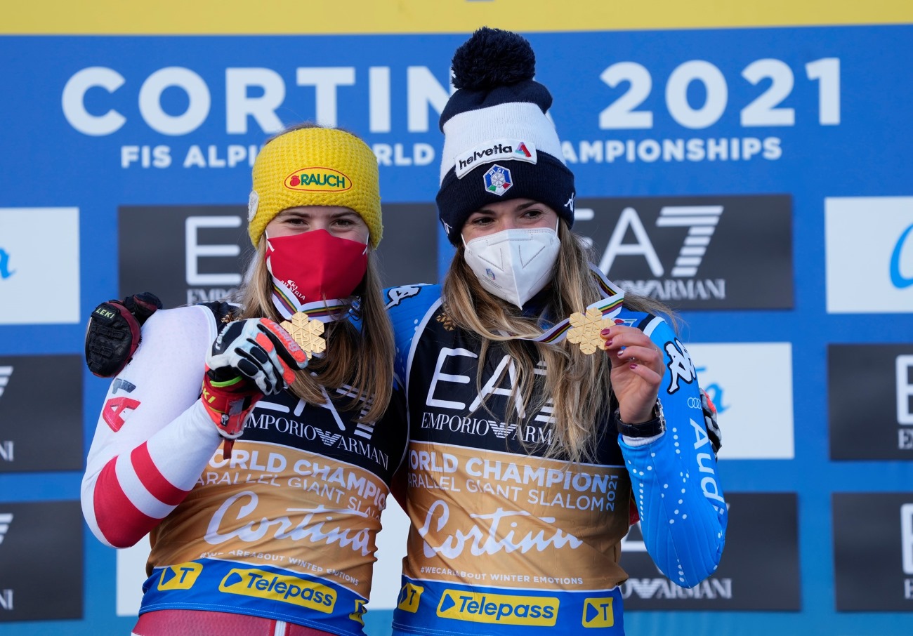 Bassino y Liensberger y el francés Faivre, oros mundiales en el gigante paralelo de Cortina