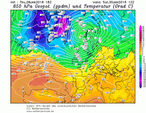 Temperaturas previstas a 850 hPa para el 30 de enero. Fuente GFS