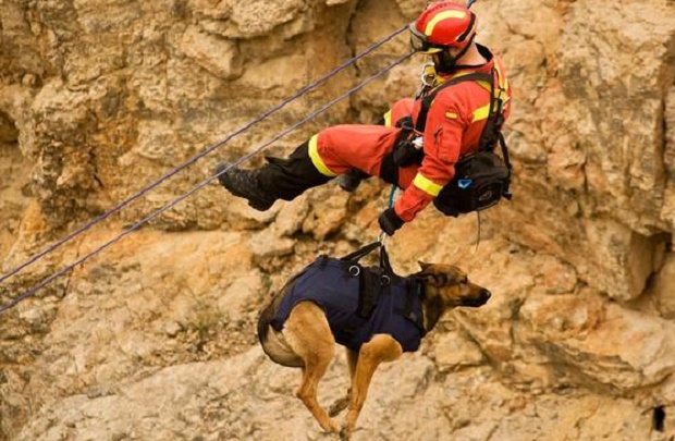 Miembro de la UME con un perro de la unidad canina. Foto archivo de la UME